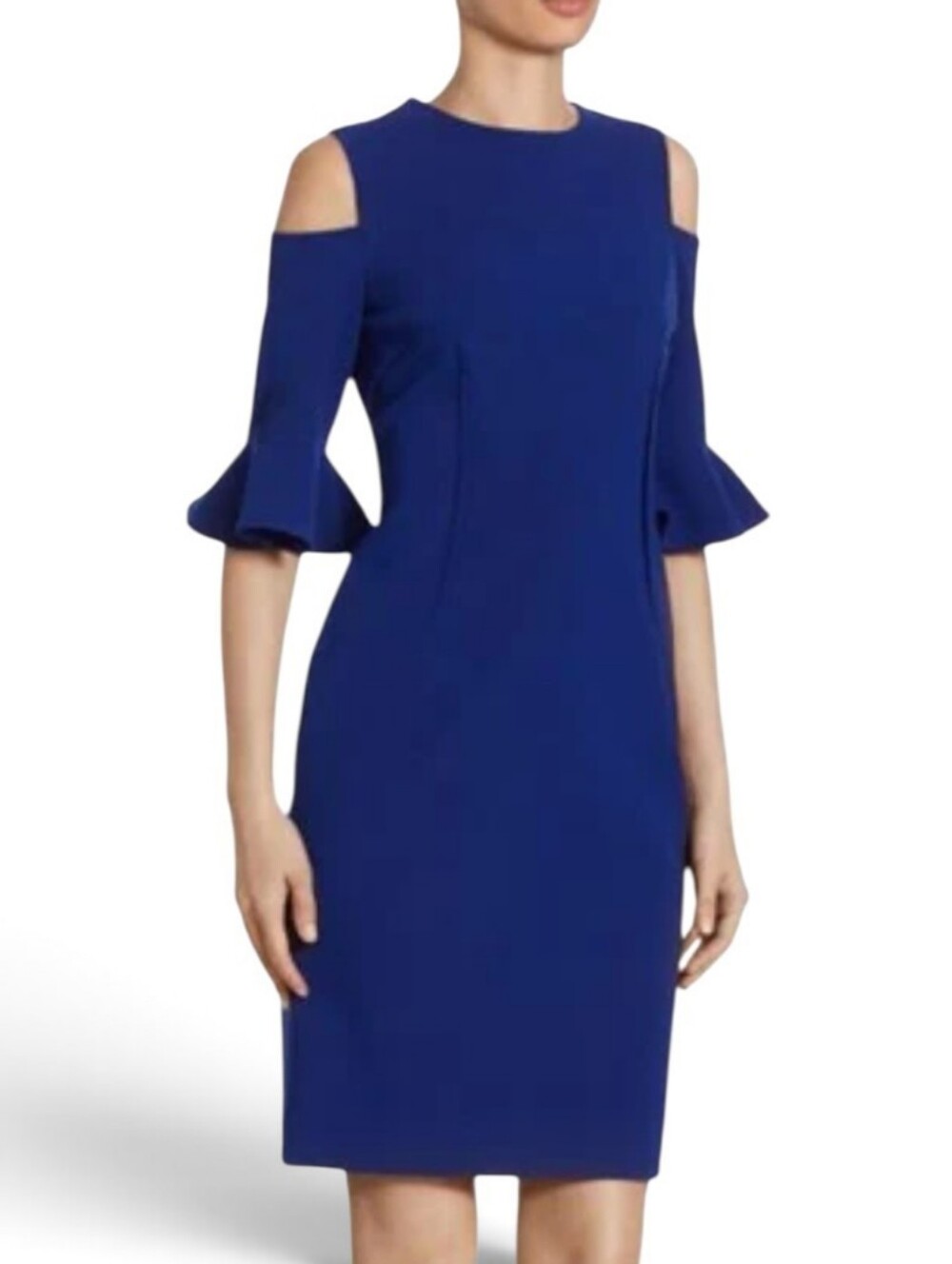 Rickie Freeman For Teri Jon Crepe Cold Shoulder Sheath Dress Blue NWT Size 8